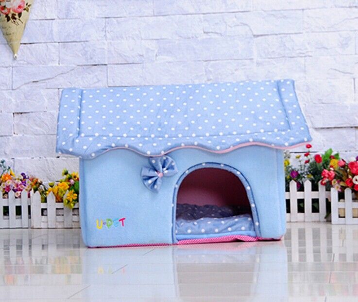 New Sweet Bow Pet Dog Cat Sofa Bed House Kennel Fold House Pink/Blue